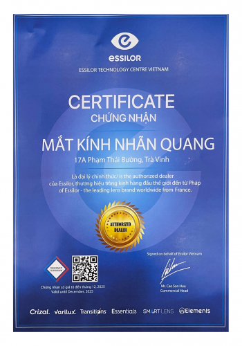 GIẤY CHỨNG NHẬN ĐẠI LÝ PHÂN PHỐI TRÒNG KÍNH CHÍNH HÃNG ESSILOR ELEMENTS