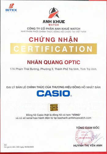 GIẤY CHỨNG NHẬN ĐẠI LÝ PHÂN PHỐI ĐỒNG HỒ CASIO CHÍNH HÃNG 